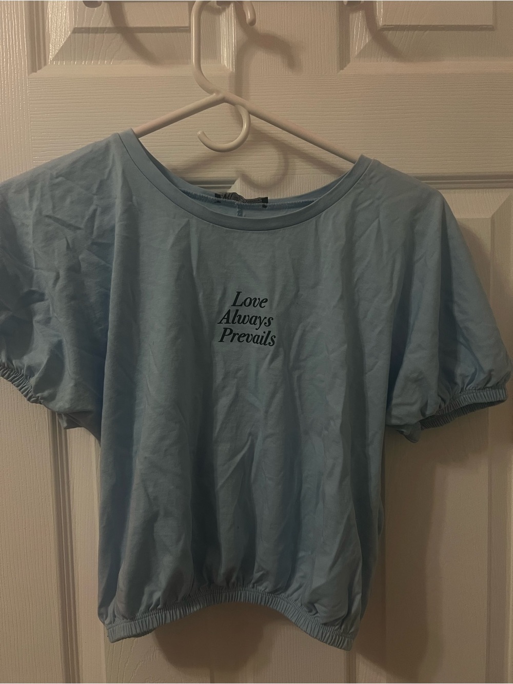 Zara Light Blue 'Love Always Prevails' Cropped Tee